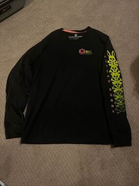 Psycho Bunny Black Long-Sleeve Tee with Neon Green Sleeve Graphics and Pink Logo